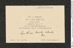 Nachlass Franz Steindachner, Visitenkarte von Leo Weiss an Franz Steindachner, Inv.Nr. 583.01, Seite 1